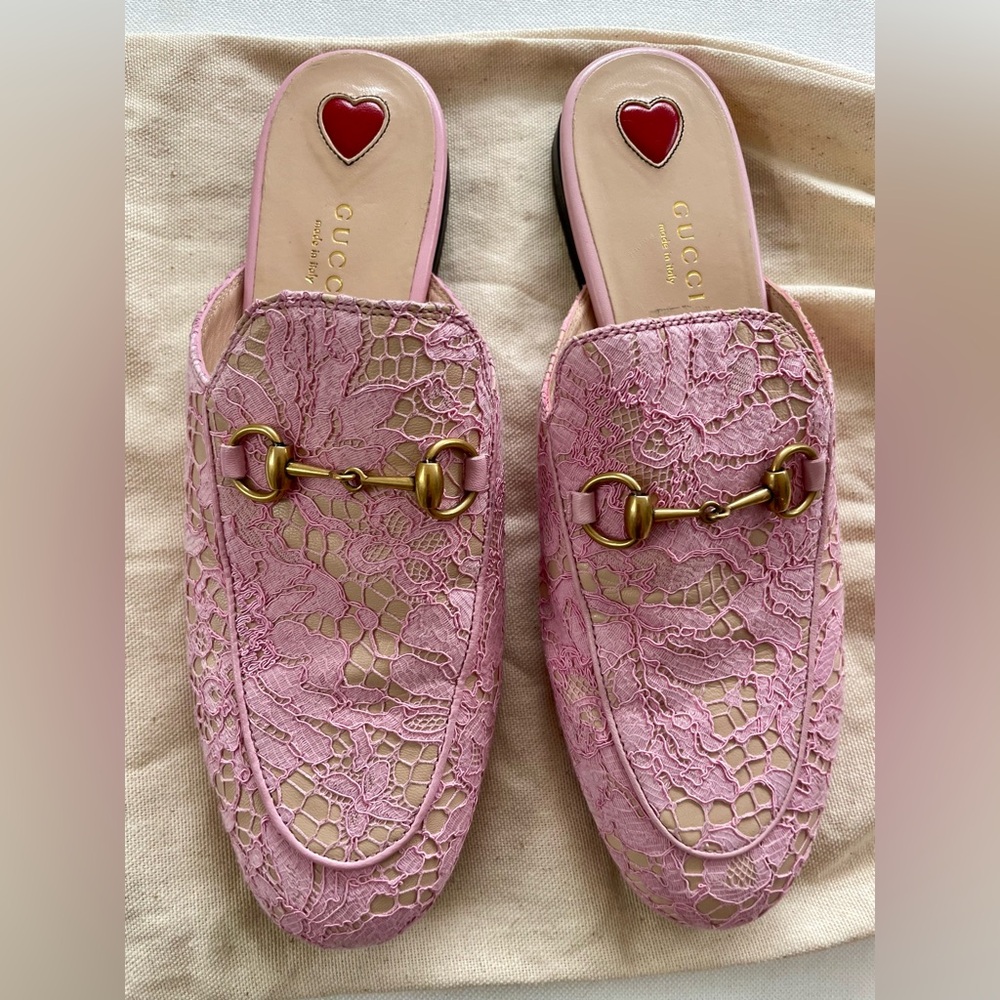Gucci Pink Lace and Leather Princetown Mules - Picture 3 of 7